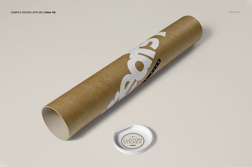 Mailing tube mockup featuring a kraft paper texture and white graphics, displayed with a detached white cap nearby.