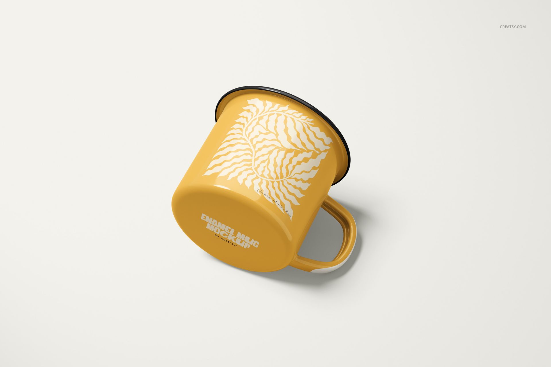 360ml enamel mug mockup featuring a yellow body and white decorative design, displayed on a clean surface.