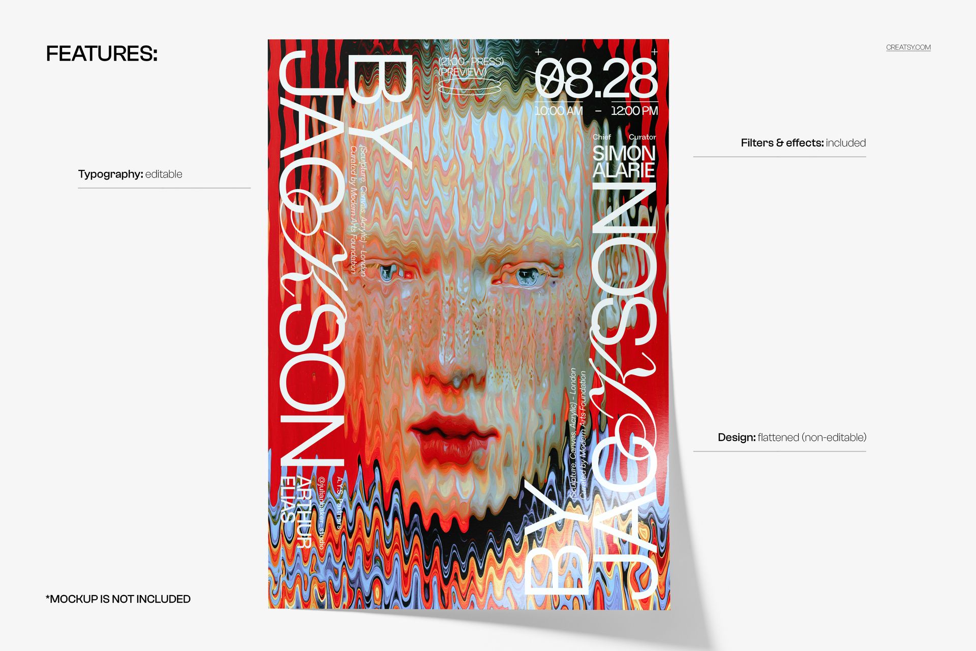 Poster mockup displaying an abstract face with wavy patterns in red and blue tones, set against a white background.