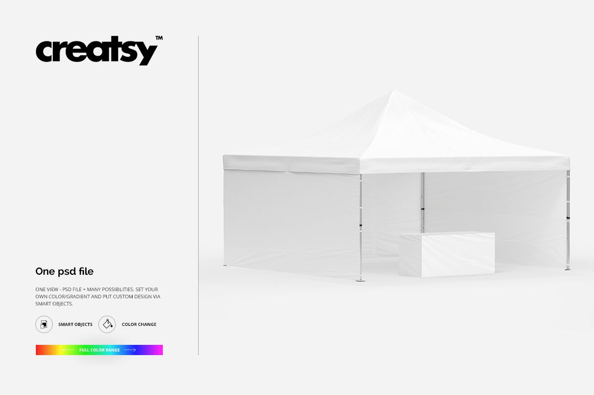 White pop up tent mockup with square shape and central table, shown from the front on a light backdrop.