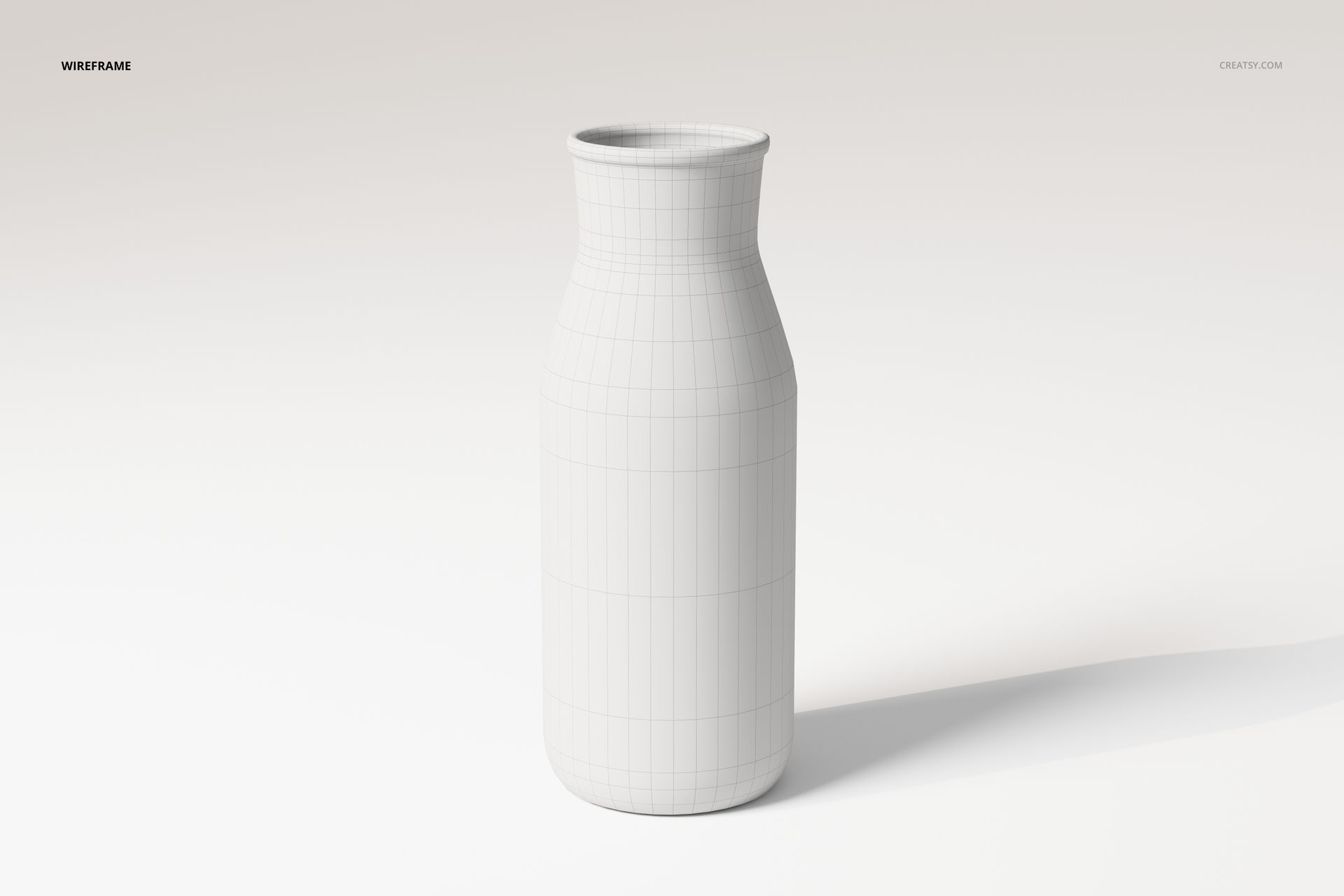 Front view of a bottle-shaped vase 3D model in white with visible wireframe lines on a plain light background.