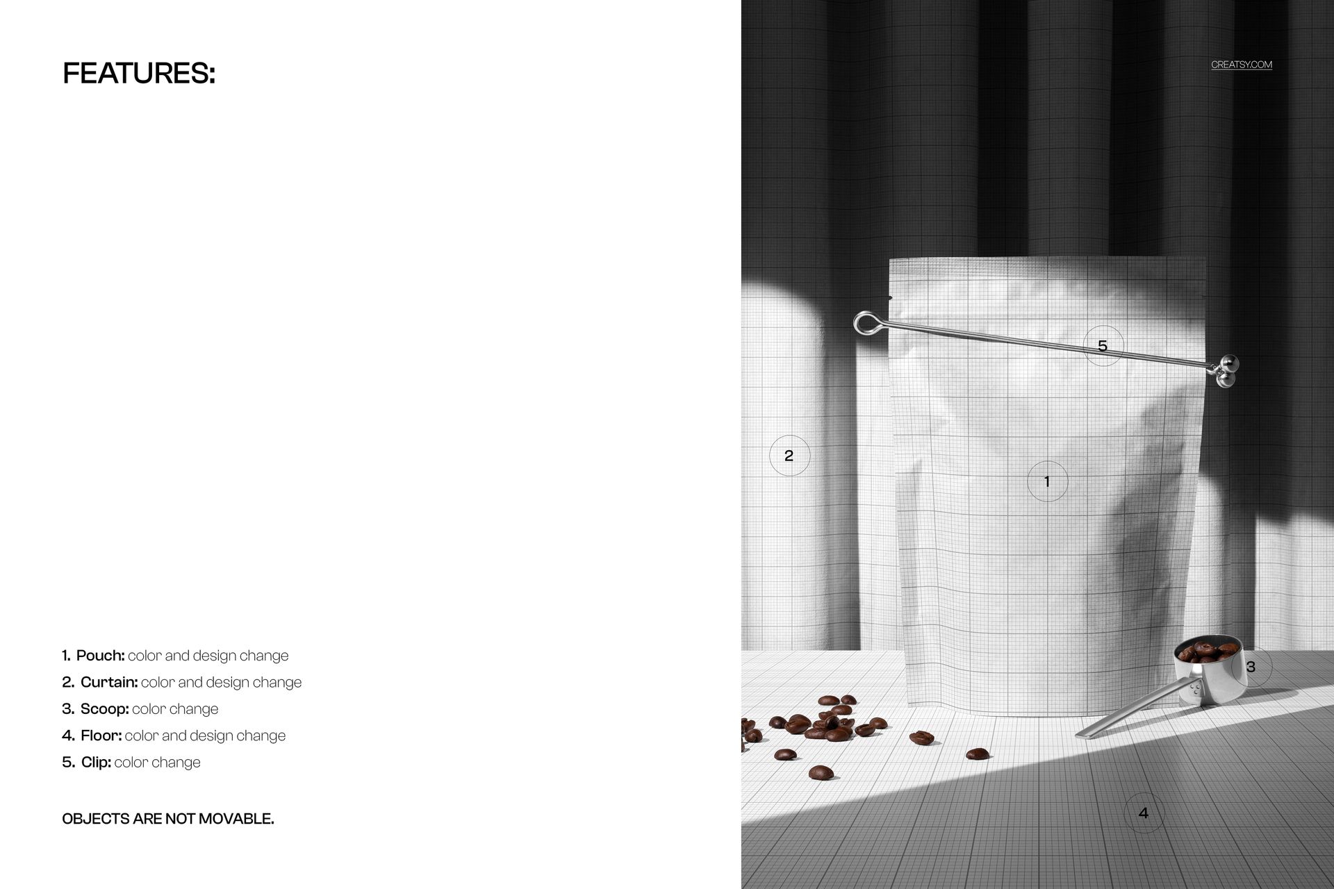 Coffee pouch mockup with a grid texture, metal scoop, and coffee beans on a stylized surface with curtain shadows.