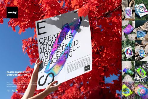 Hands holding a square poster mockup outdoors against vibrant red autumn leaves, with abstract graphics and text.