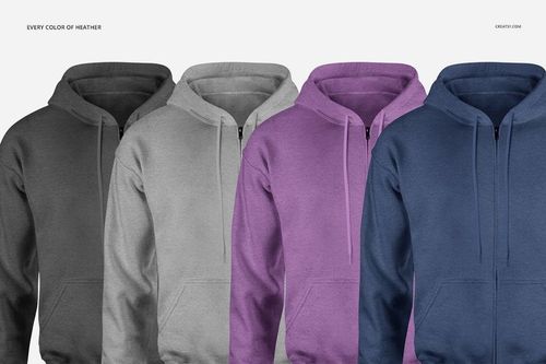 Men's zip up hoodie PSD mockup featuring four different colors, arranged in a line with a clean white background.