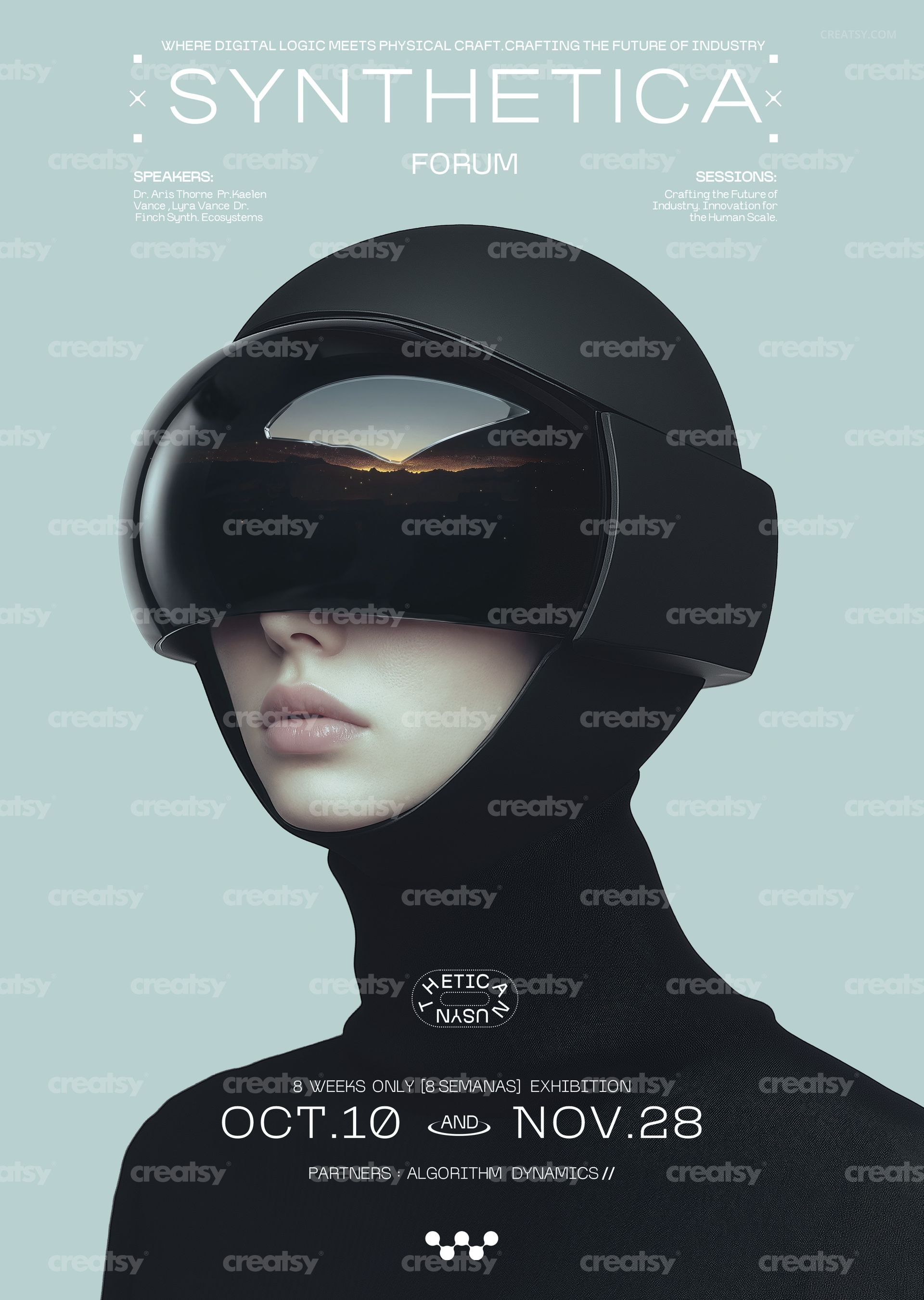 Poster mockup showing a silhouette of a person wearing a large glass helmet against a light blue background, front view.