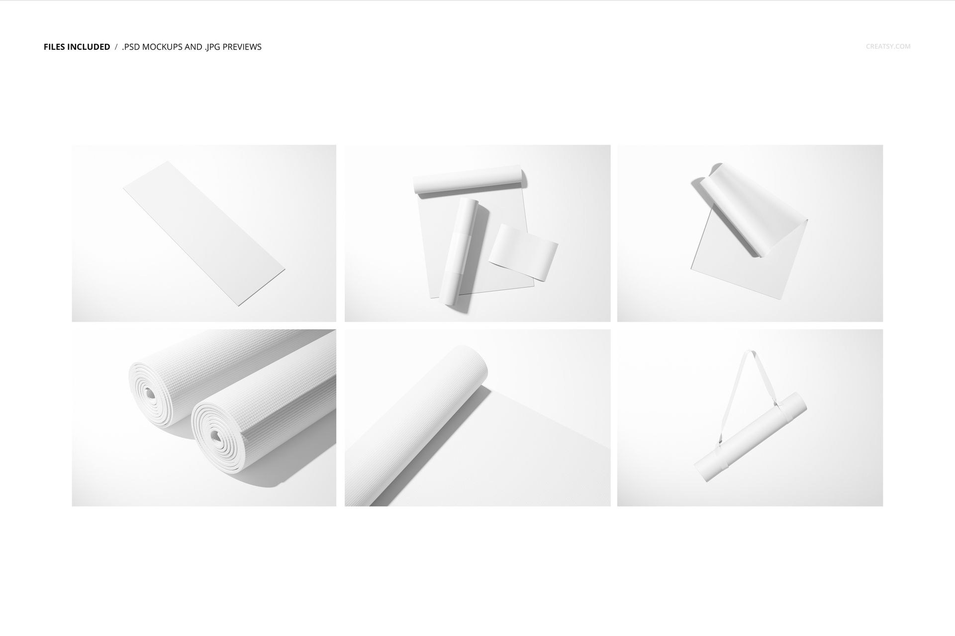 Set of six yoga mat mockups in various positions, including rolled, unrolled, and hanging, on a white background.