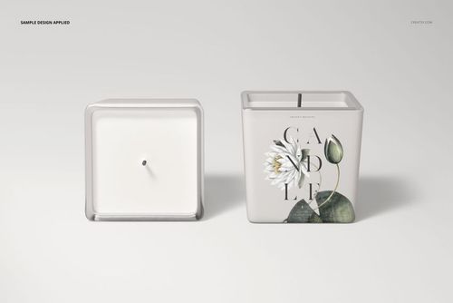 Square candle mockup featuring two candles, one with a floral label design and one showing the top view of white wax.