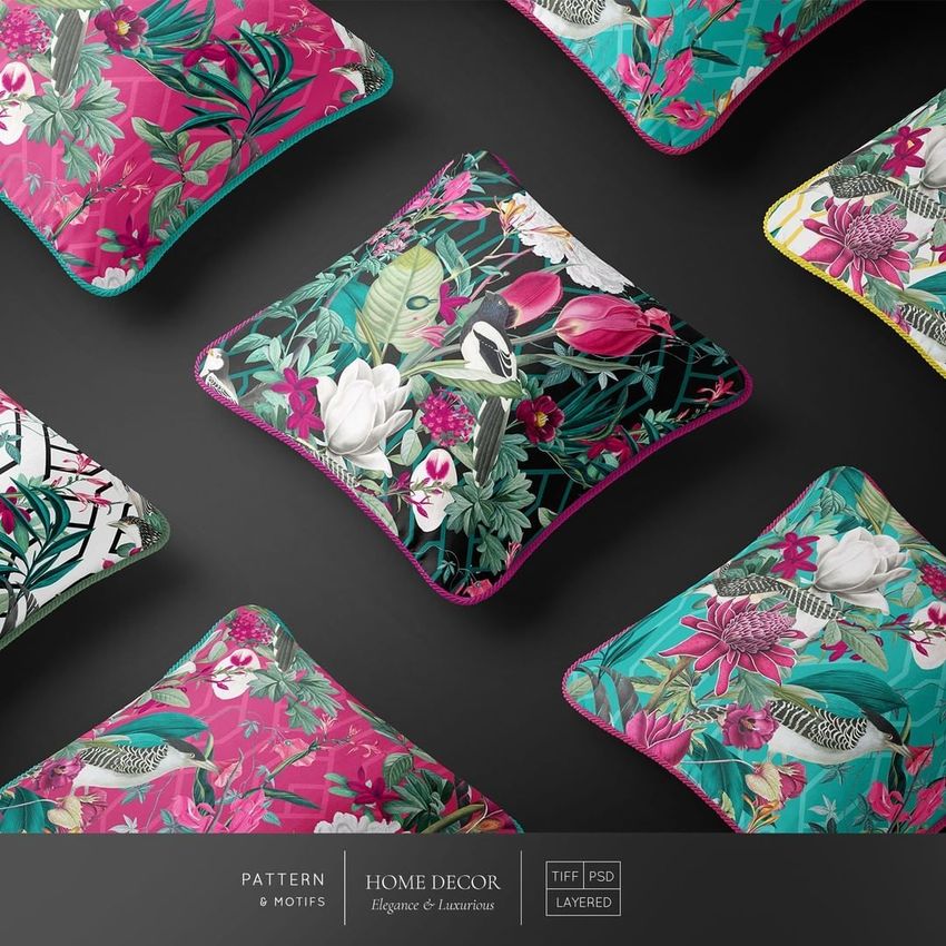 Silk cushion mockup set showing several square pillows with vibrant floral patterns on a dark background, viewed from above.