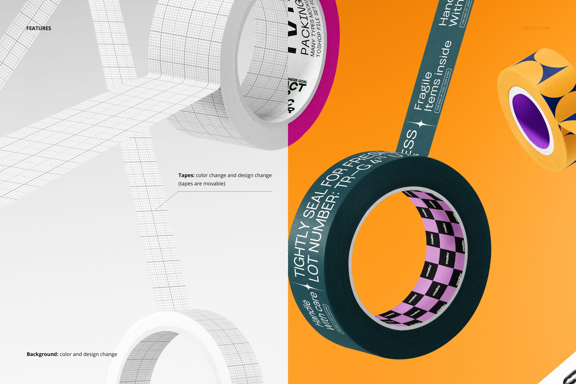 Front view of flying packaging tape rolls mockup with customizable designs on a split white and orange background.