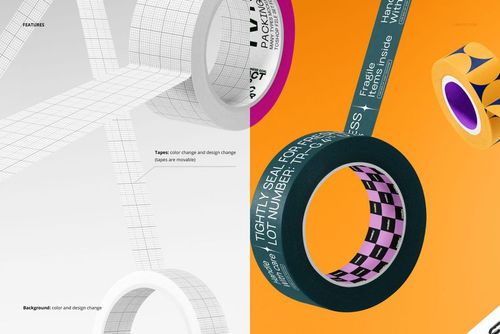 Front view of flying packaging tape rolls mockup with customizable designs on a split white and orange background.