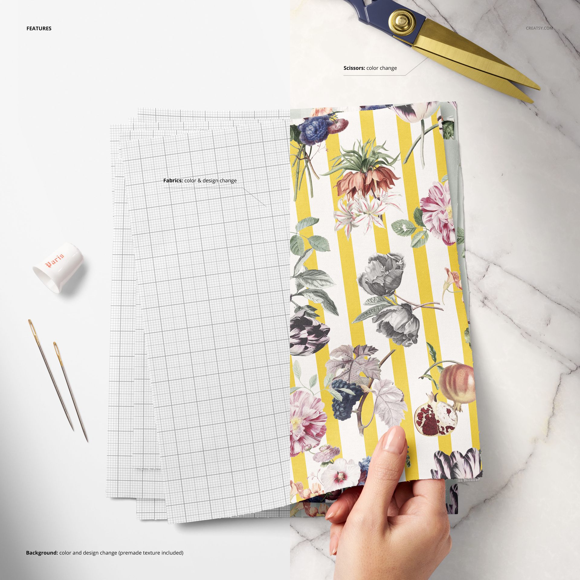 PSD mockup displaying fabric swatches in various patterns, including flowers and stripes, viewed from a top perspective.