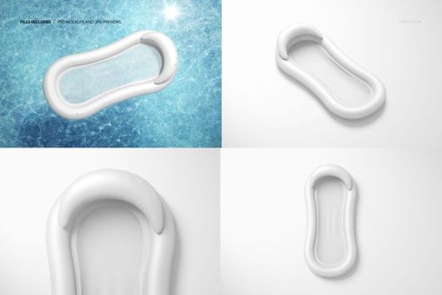 Inflatable pool lounger float mockup set showing a white float from various angles on water and plain backgrounds.