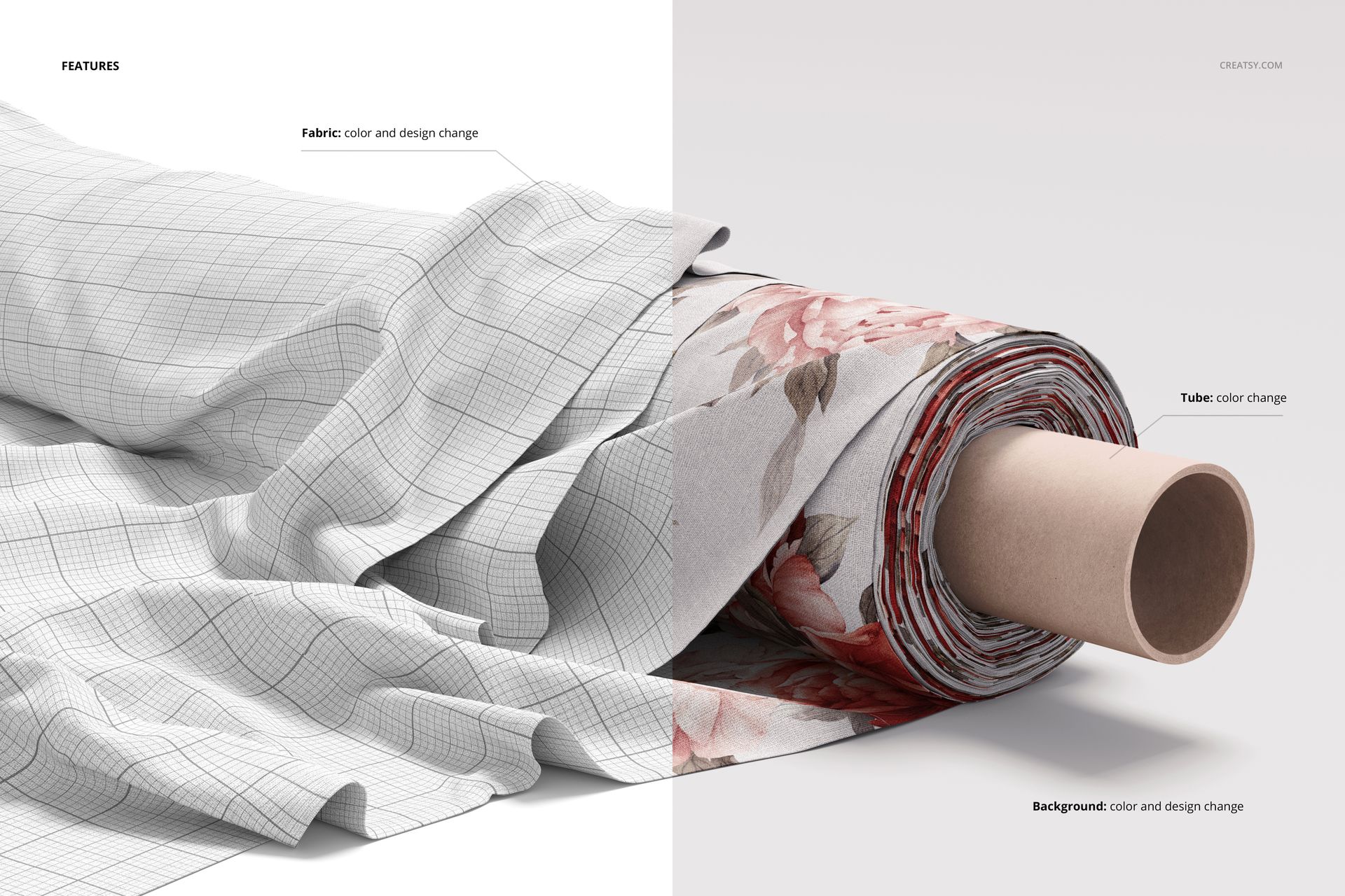 Fabric roll mockup featuring a partially unrolled textile with grid lines on one side and floral pattern on the other, front view.