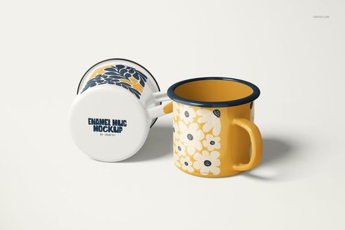 360ml enamel mug PSD mockup set with one mug standing and one lying down, both decorated with cheerful flower motifs.