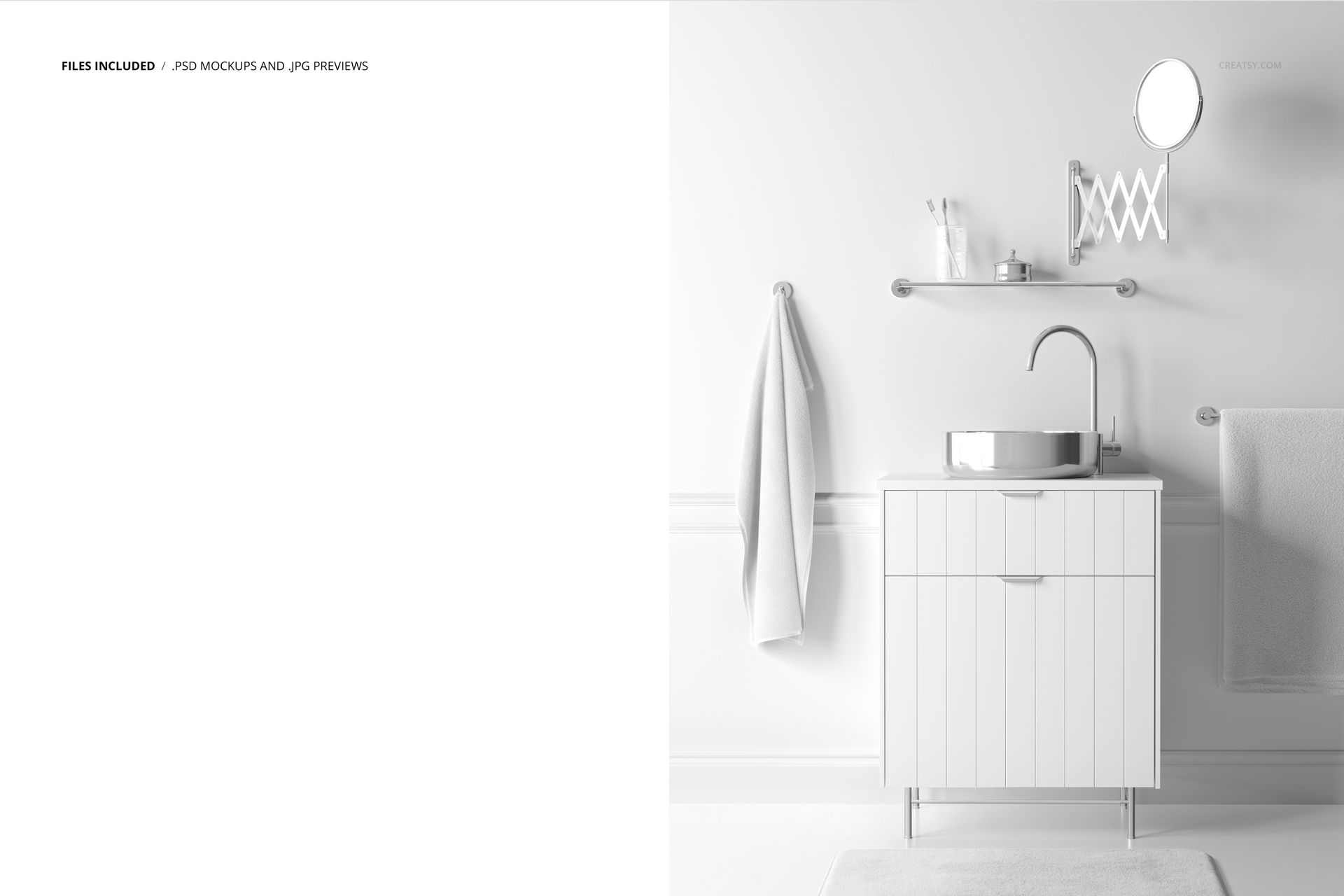 Bathroom wallpaper PSD mockup showing a clean white vanity, towel, shelf, and round mirror in a bright setting.