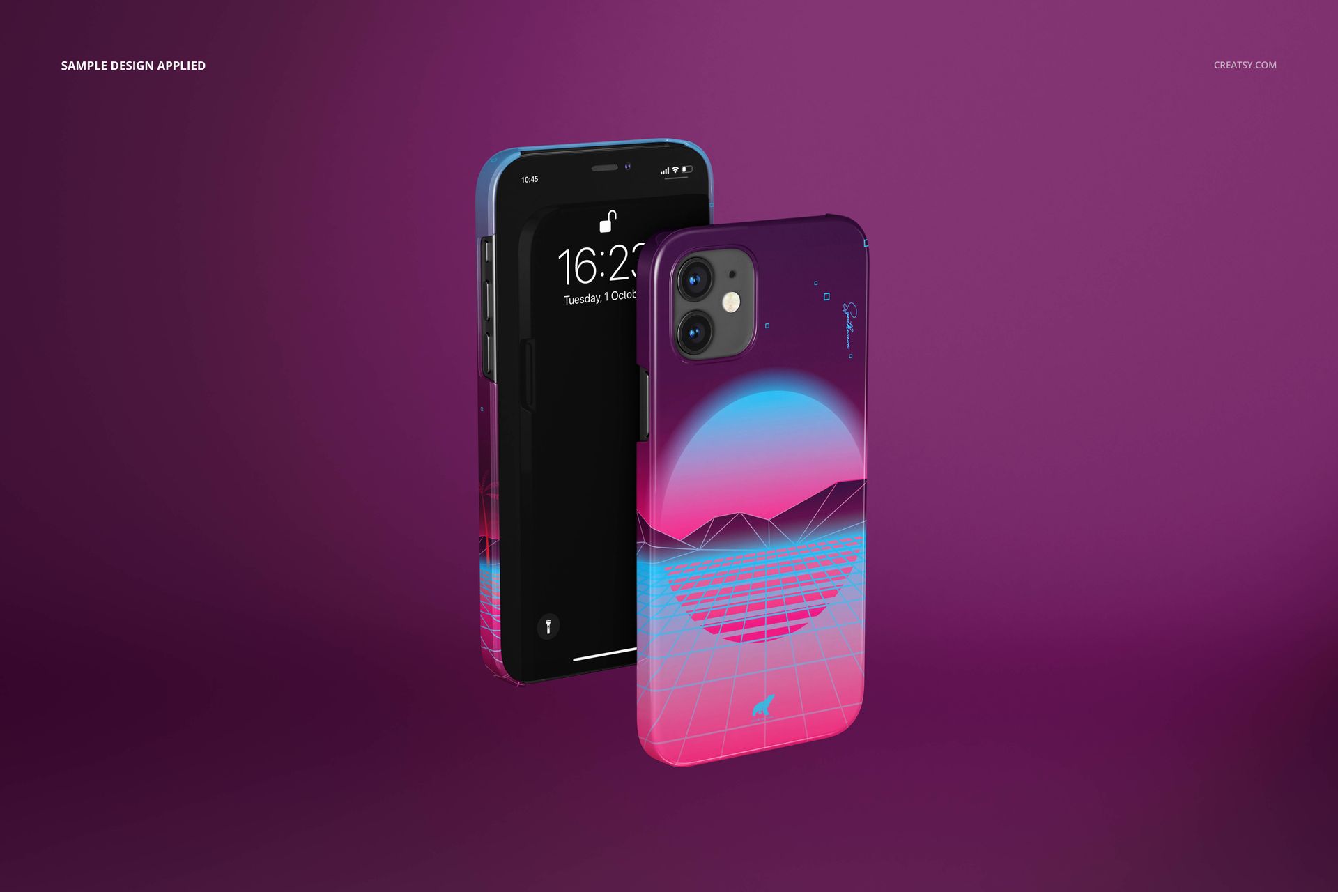 iPhone 12 glossy snap case mockup with a colorful geometric sunset design, presented on a solid purple surface.