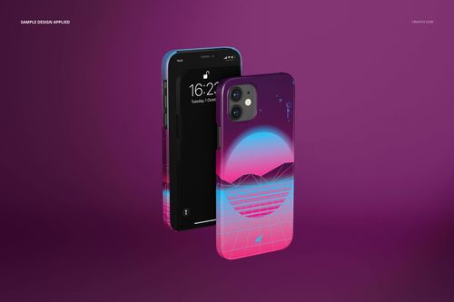 iPhone 12 glossy snap case mockup with a colorful geometric sunset design, presented on a solid purple surface.