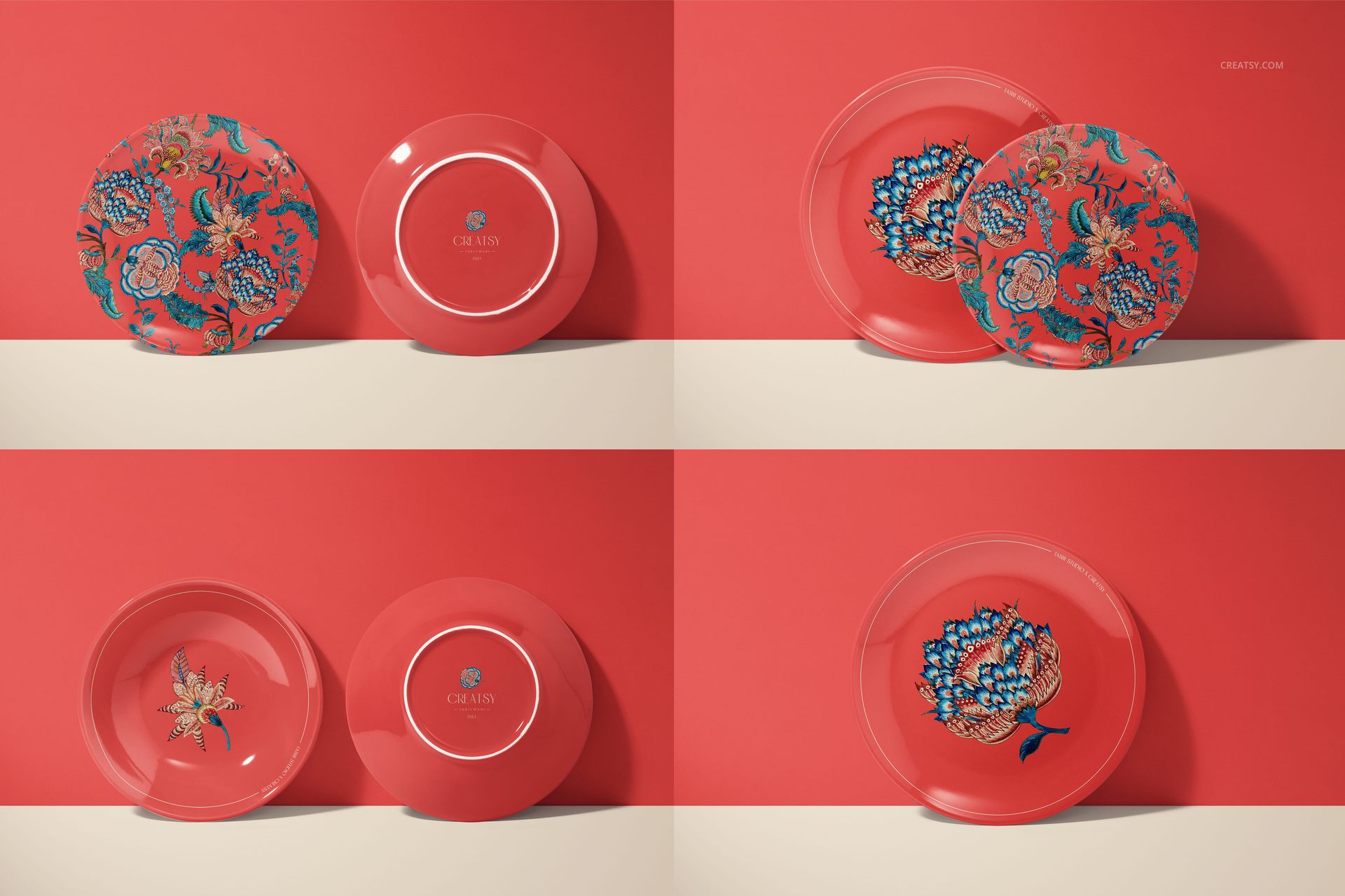 PSD mockup of ceramic plates with decorative flowers and solid colors, shown from above on a two-tone background.