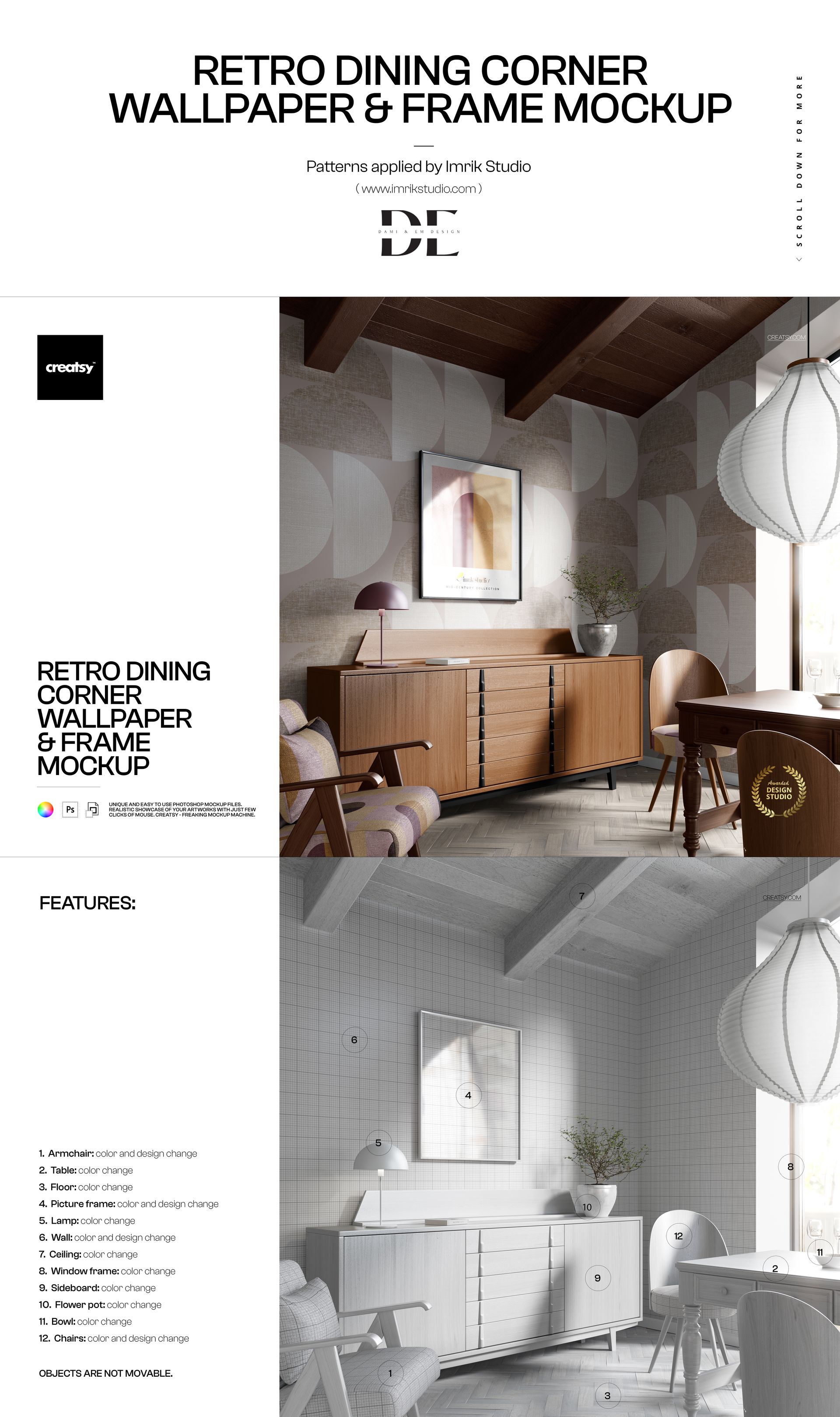 Modern dining room with geometric patterned wallpaper, wooden sideboard, and minimalist decor, front view mockup.