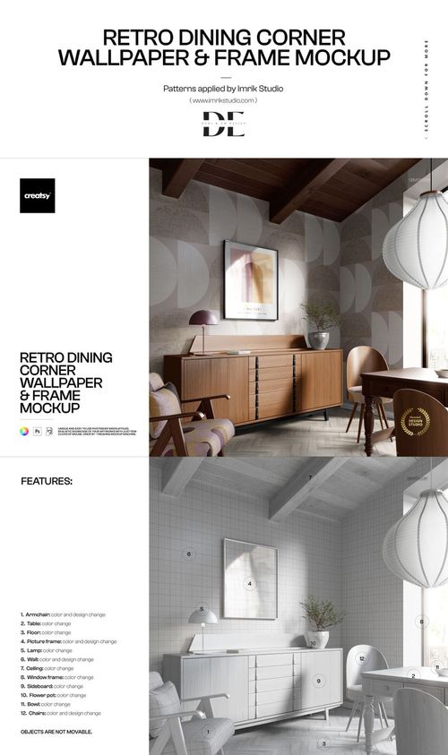 Modern dining room with geometric patterned wallpaper, wooden sideboard, and minimalist decor, front view mockup.