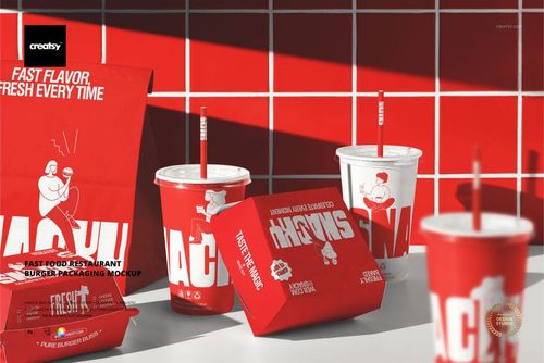 Fast food restaurant burger packaging mockup featuring red and white containers, cups, and boxes on a tiled surface.