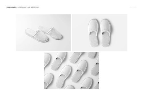 White home slippers shown in three mockup scenes, including top view, angled view, and a repeating pattern layout.
