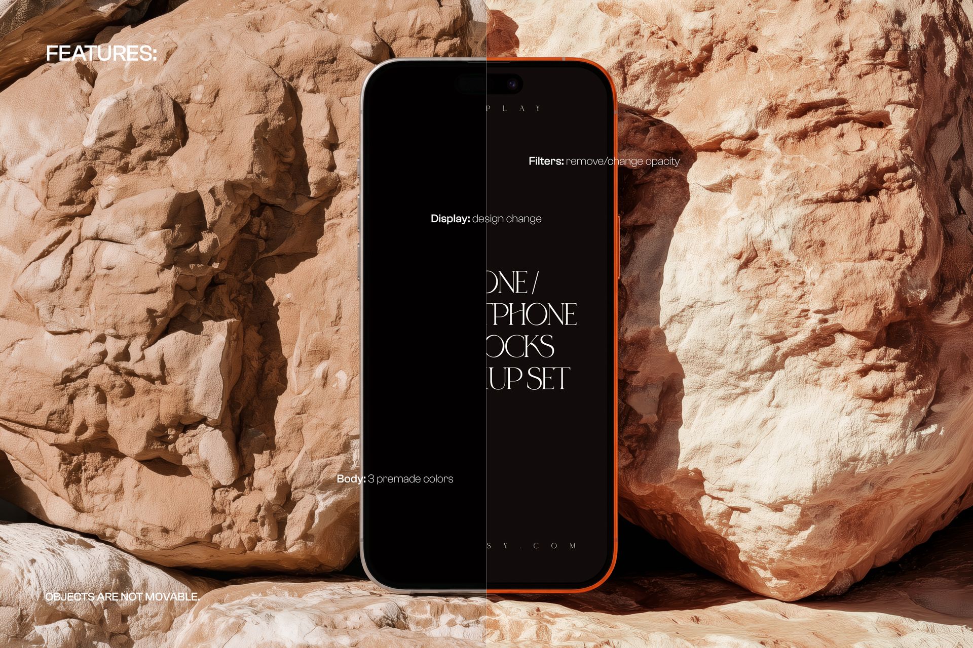 Modern iPhone smartphone mockup displayed upright against textured light brown rocks, split screen showing design variations.