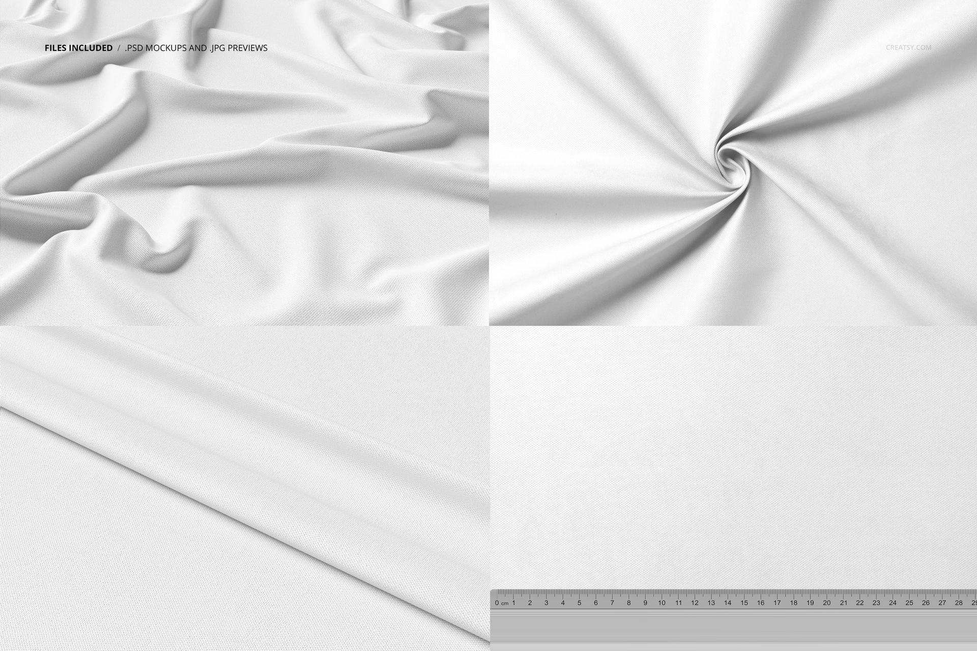 Curtains fabric mockup set showing four views of white textile, including draped, twisted, flat, and measured layouts.