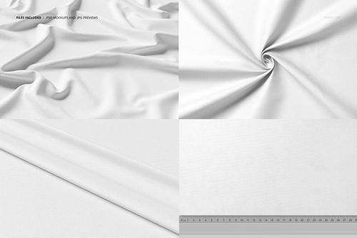 Curtains fabric mockup set showing four views of white textile, including draped, twisted, flat, and measured layouts.