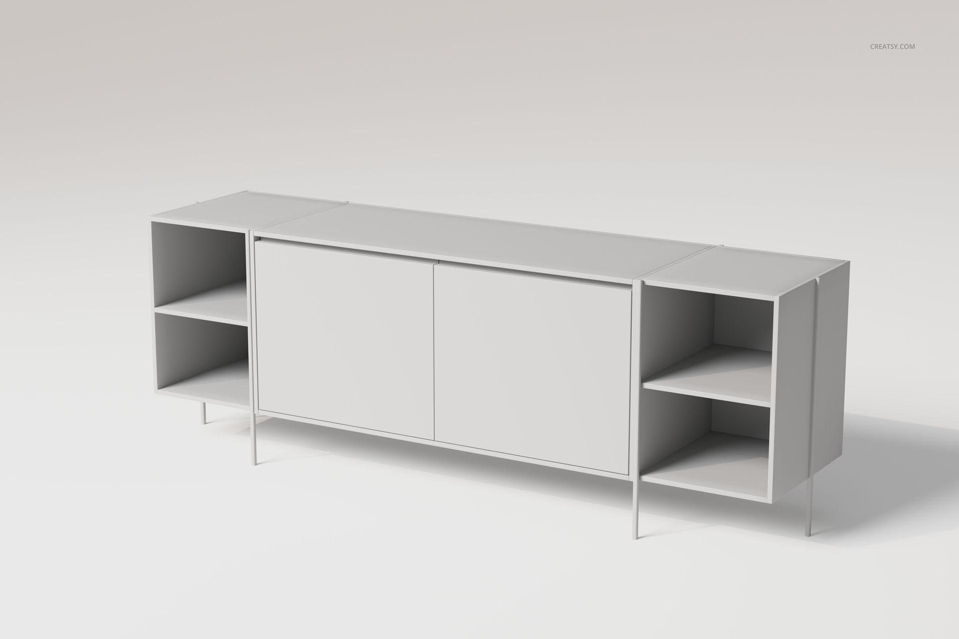 Modern sideboard credenza with a minimalist design, white finish, front view, featuring open shelves and cabinets.