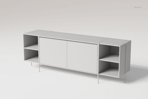 Modern sideboard credenza with a minimalist design, white finish, front view, featuring open shelves and cabinets.