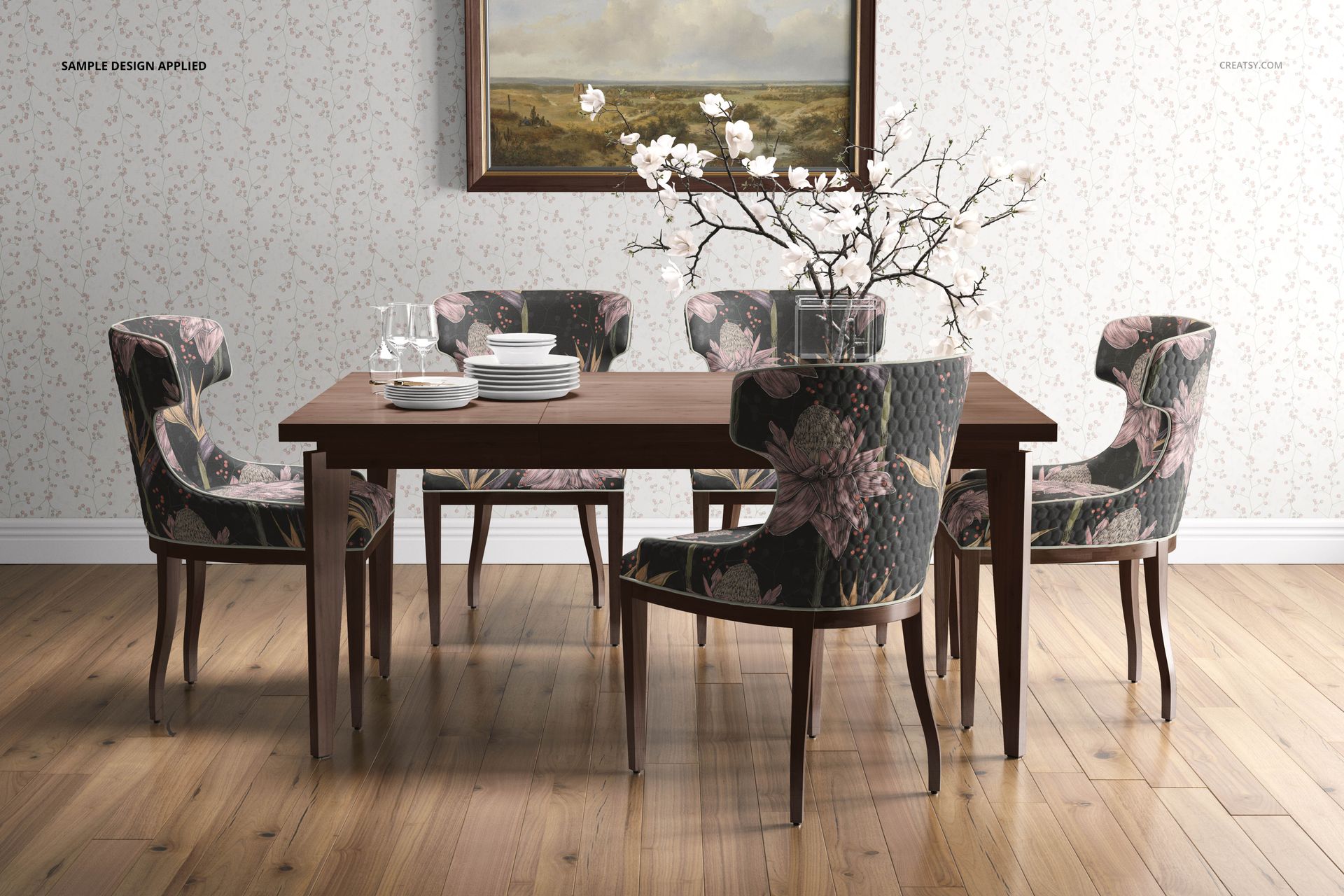 Dining room PSD mockup showing patterned chairs, wooden table, and wall art in a softly lit interior setting.