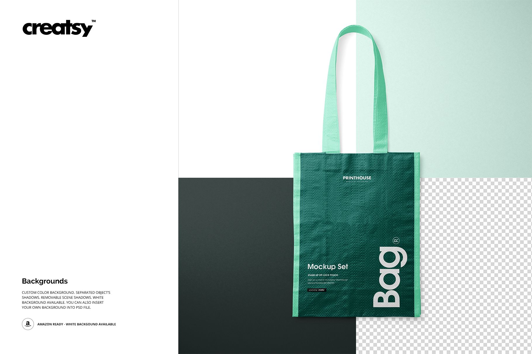 Front view of a woven tote bag mockup with green fabric, long handles, and a minimalist design on a split color background.
