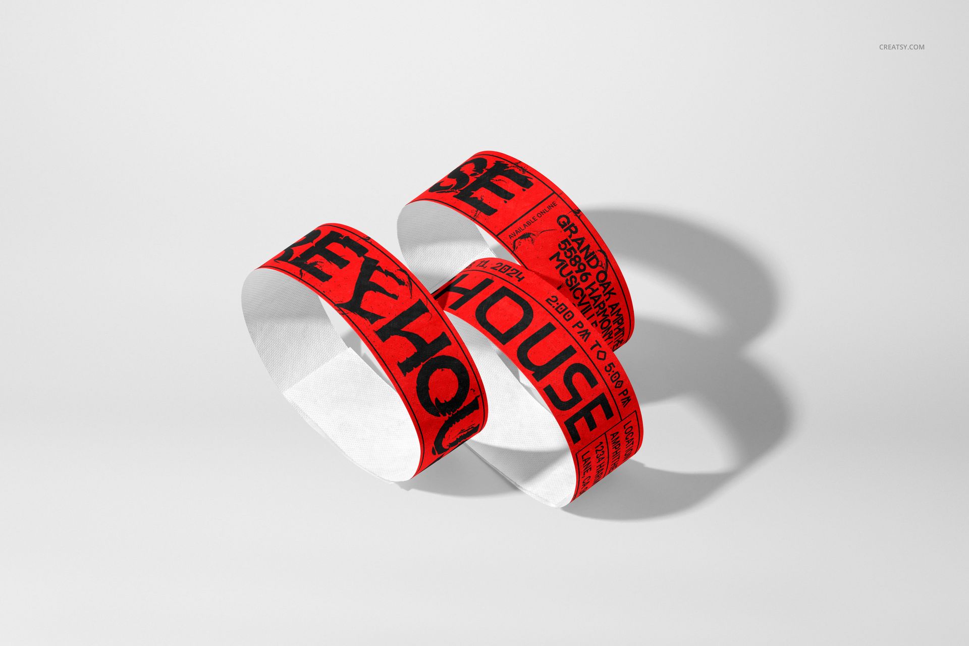 Floating paper wristbands in red and white with black printed text, shown on a clean white surface for mockup purposes.