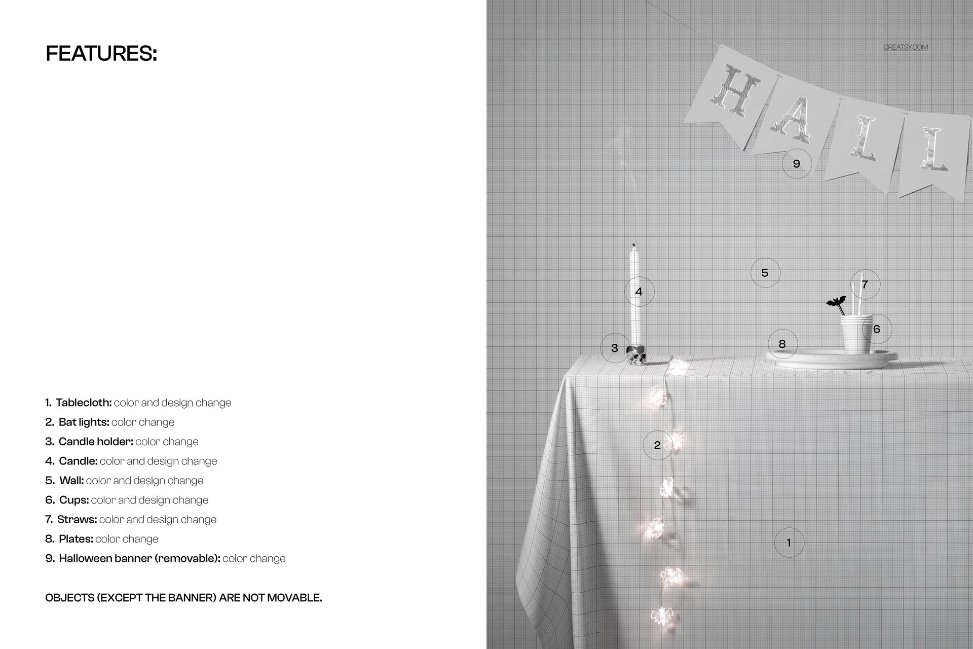 Front view of a Halloween-themed tablecloth mockup on a table, decorated with string lights, candle, and banner.