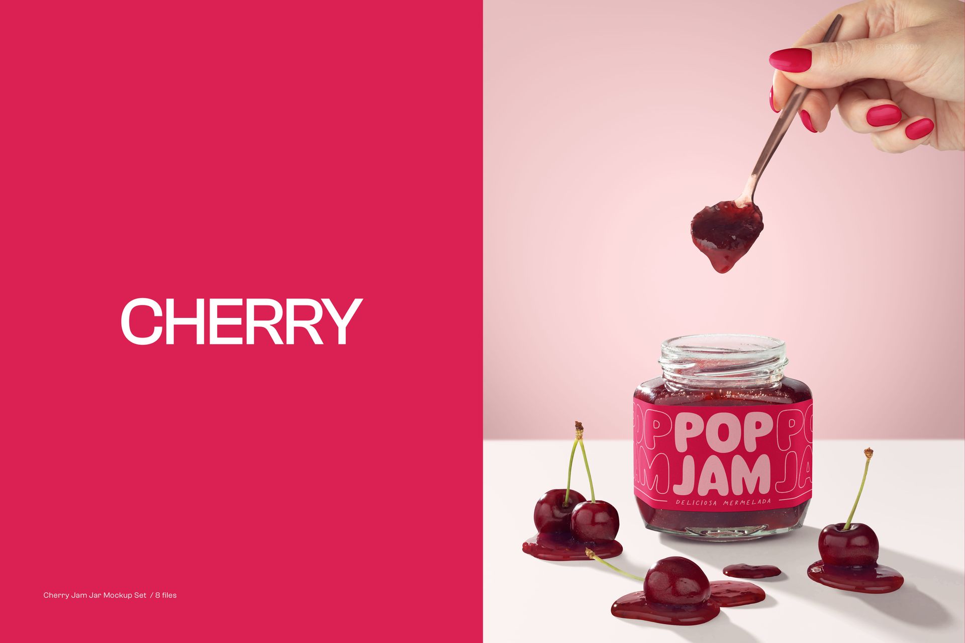 Cherry jam jar mockup with vibrant pink background, spilled jam, loose cherries, and hand scooping jam with a spoon.