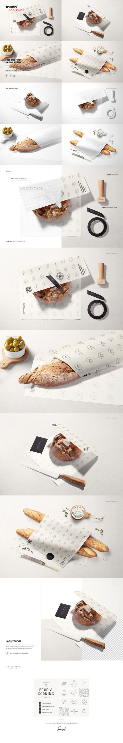 Food safe paper mockup bundle featuring sheets with neutral patterns, bread, olives, and kitchen props on a white surface.
