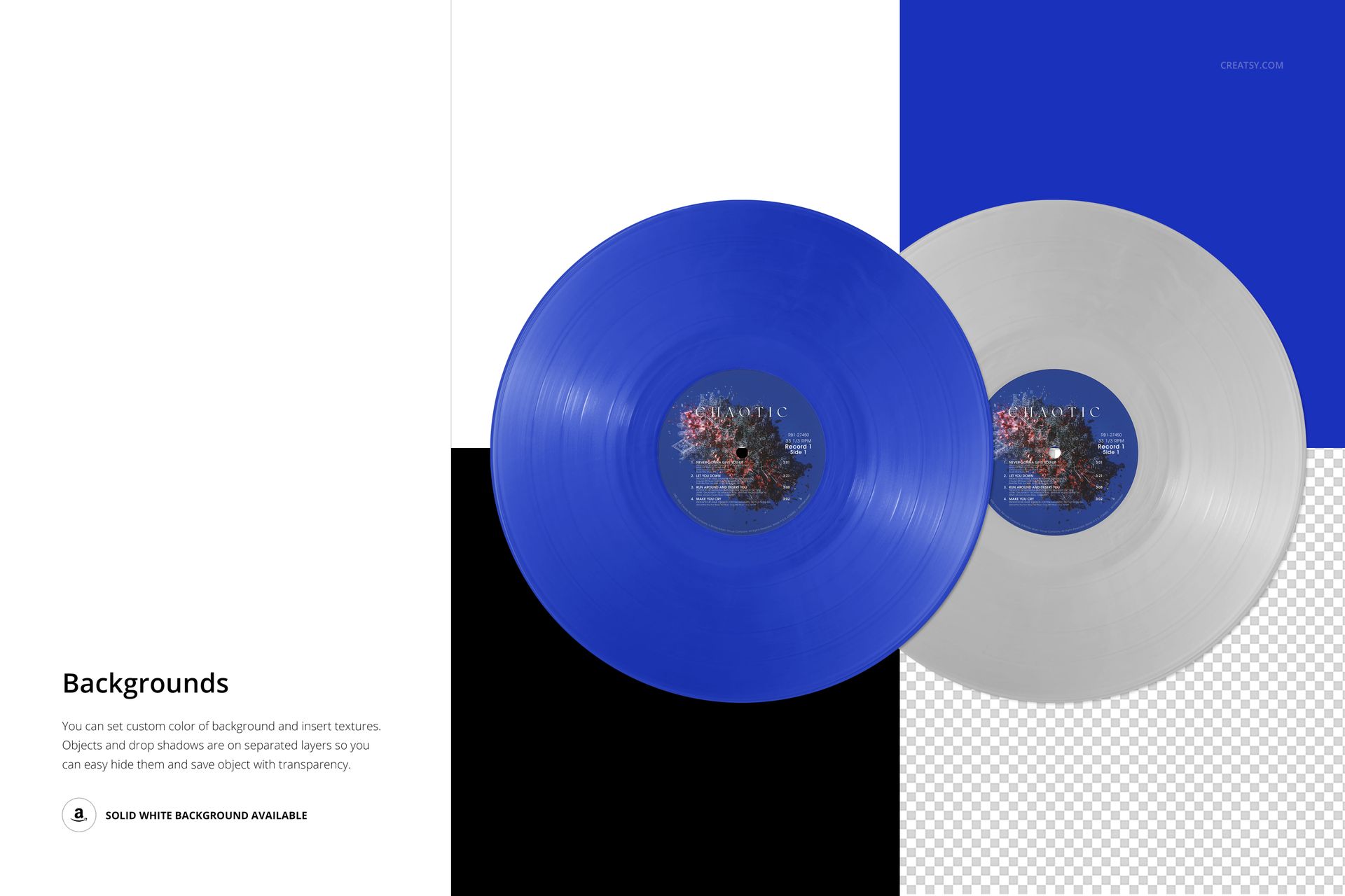 Colored vinyl records mockup showing a blue and a gray disc side by side on a geometric multicolor backdrop.