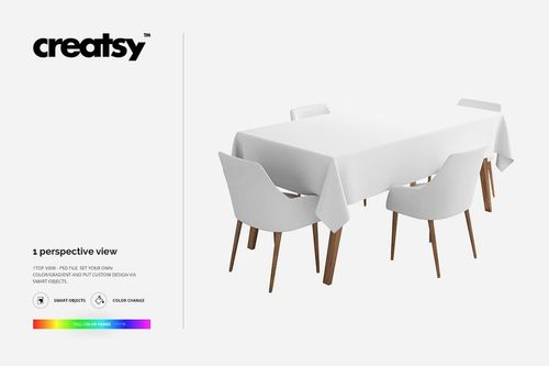 Tablecloth mockup featuring a plain white fabric on a rectangular table surrounded by four wooden-legged chairs.