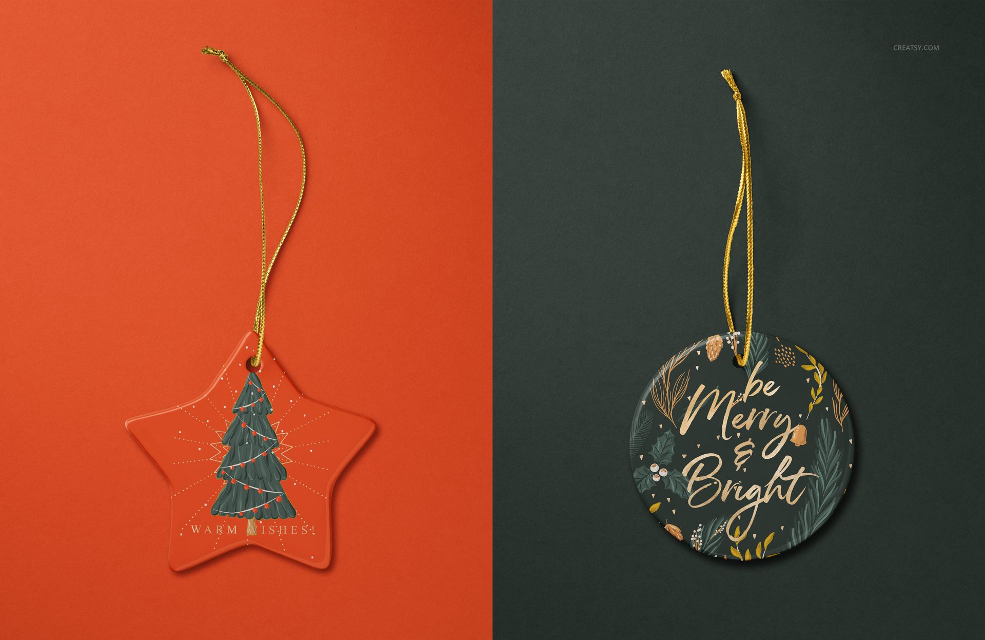 Christmas ornaments mockup showing a star-shaped piece on red and a round ornament on green, each with holiday-themed prints.