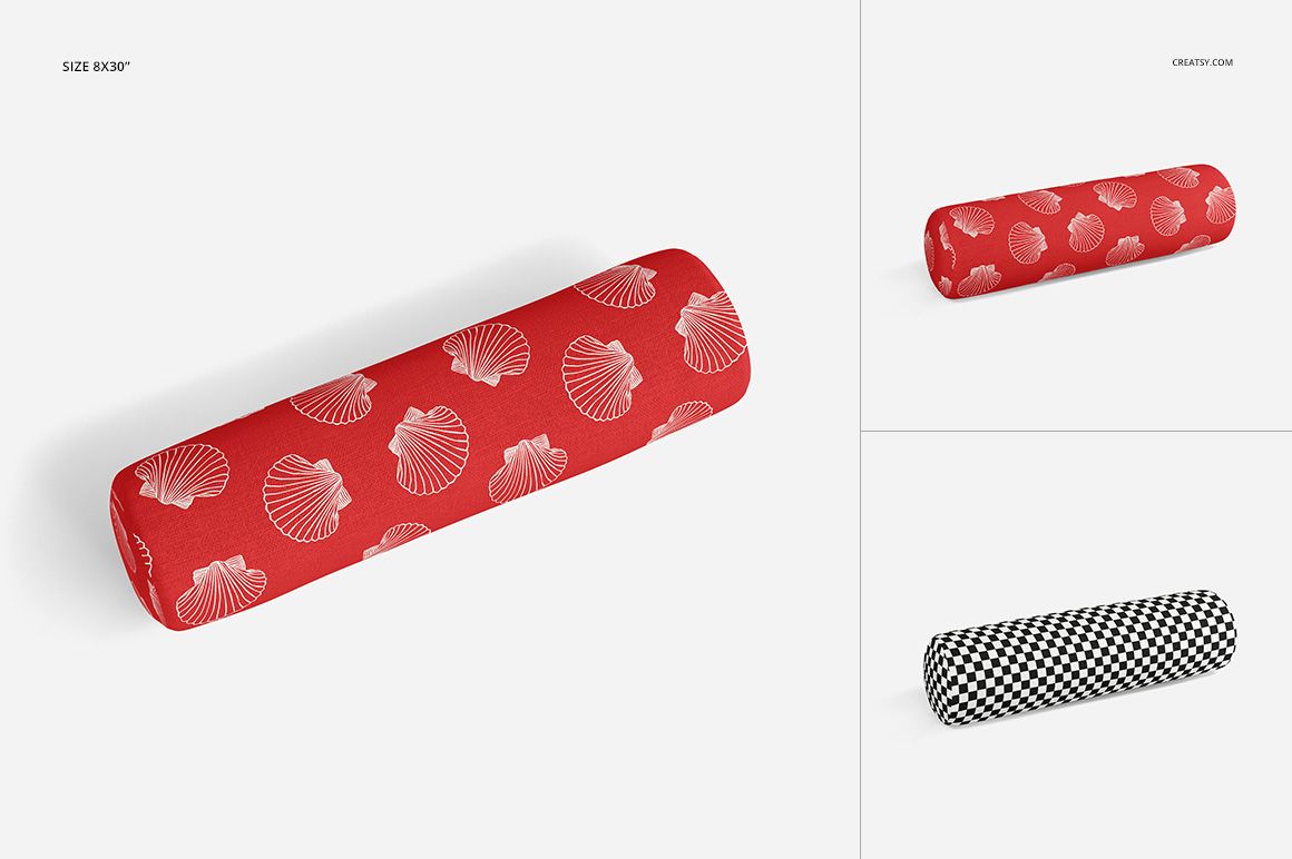 Bolster pillow mockup set featuring three designs, including red with seashell pattern and black-and-white checkered.