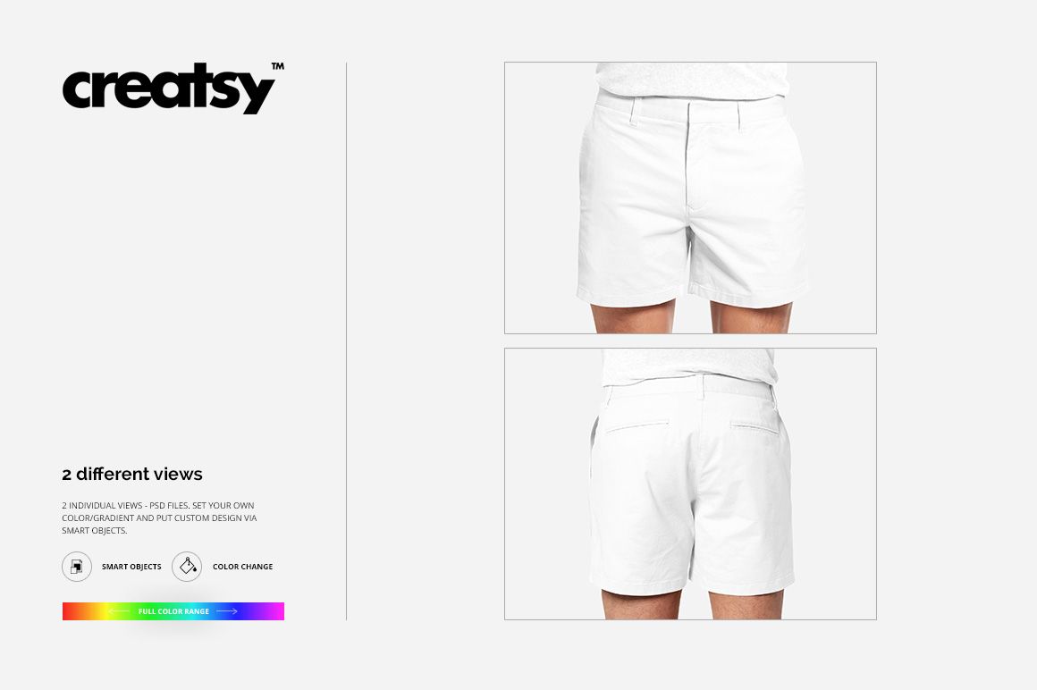 Front and back view of men's white shorts mockup displayed on a model, shown against a plain light background.