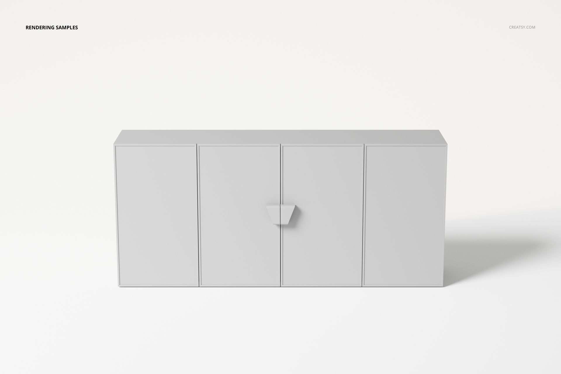 Four-door sideboard in a minimalist design, light gray color, shown from the front on a plain white background.