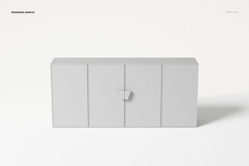 Four-door sideboard in a minimalist design, light gray color, shown from the front on a plain white background.