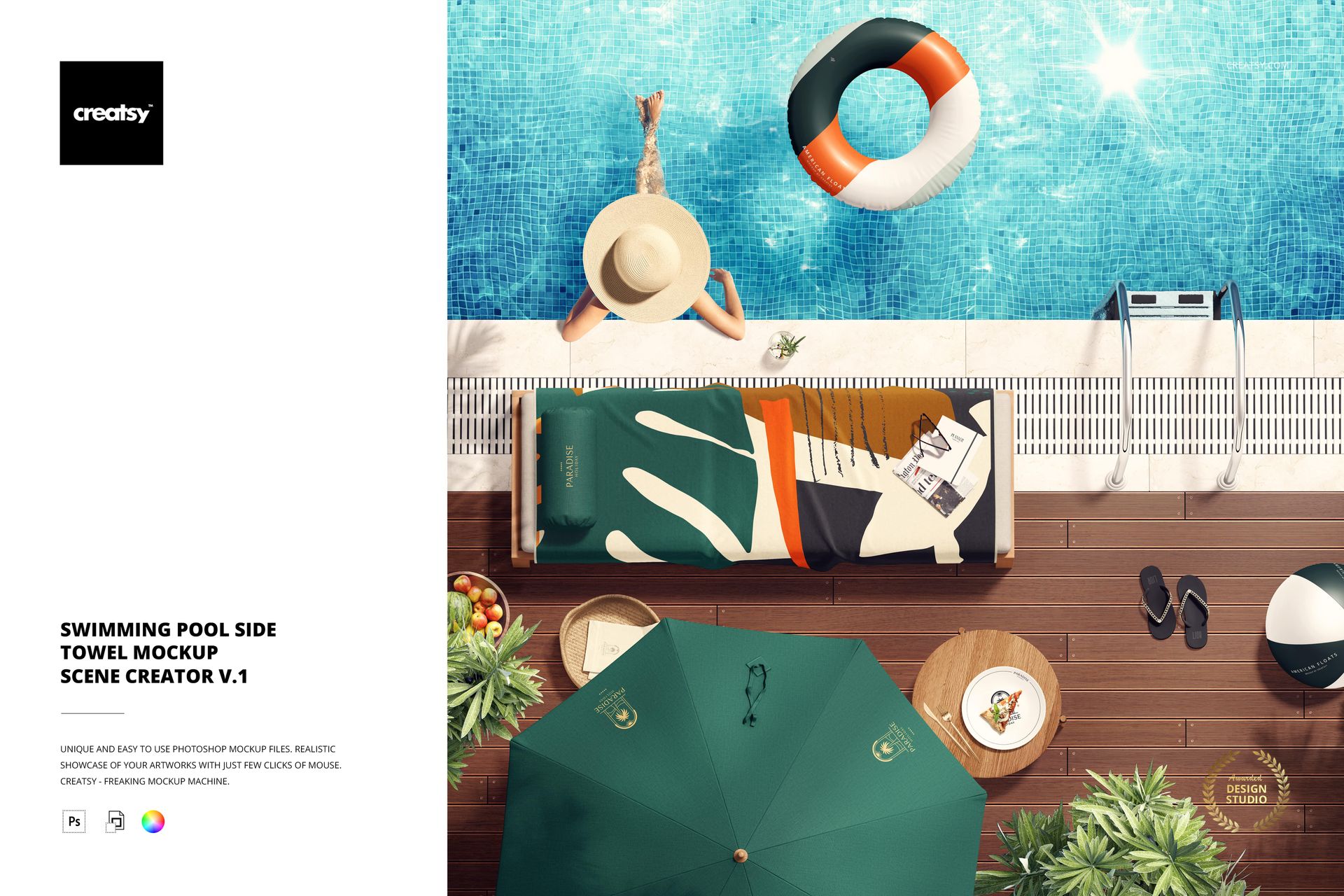 Top view of a poolside scene with a patterned towel mockup on a lounge chair, umbrella, and swimming pool nearby.