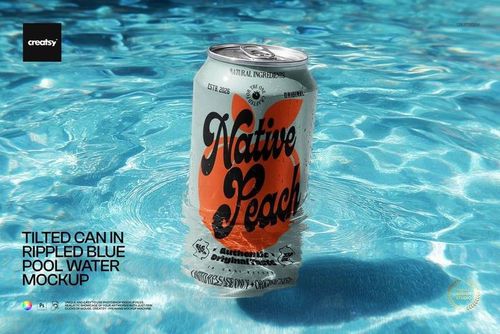 Silver drink can mockup resting in clear blue pool water, surrounded by ripples and sunlight reflections, front view.