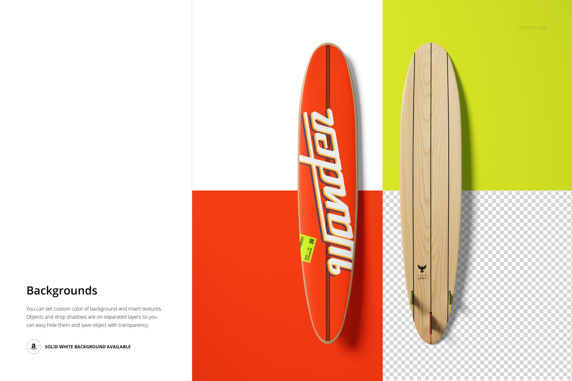 Surfboard longboard PSD mockup showing two boards, one orange with white text and one wood grain, set on split backgrounds.