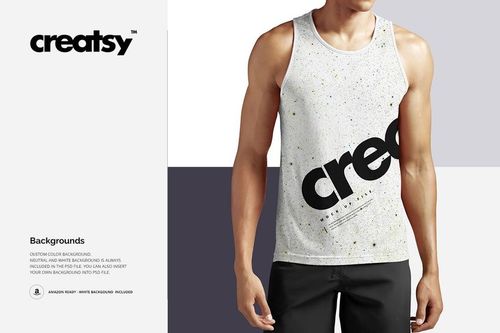 Men's tank top mockup shown from the front, displaying a white fabric with colored speckles and large black lettering.