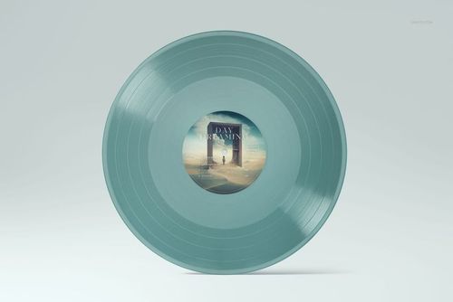 Mockup of a colored vinyl record with a glossy teal finish, central label artwork, and minimalistic background.