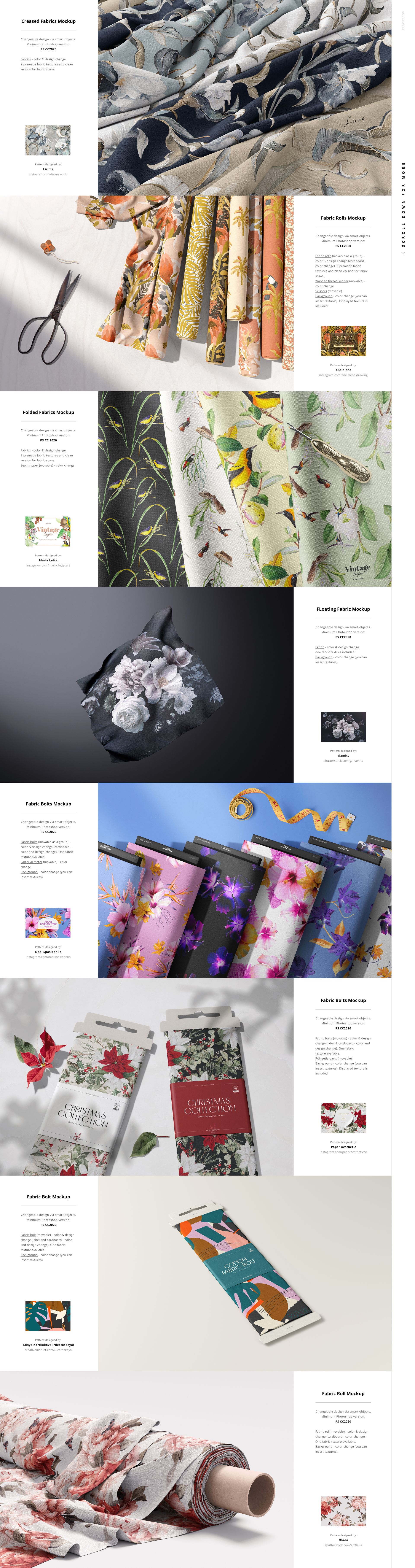 Fabric mockup bundle with multiple colorful textiles presented in rolls, folds, and flat layouts in a studio setting.